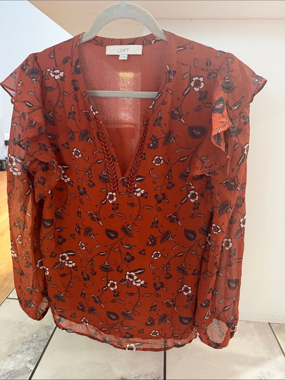 LOFT Burnt Orange Floral V-Neck Ruffle Blouse